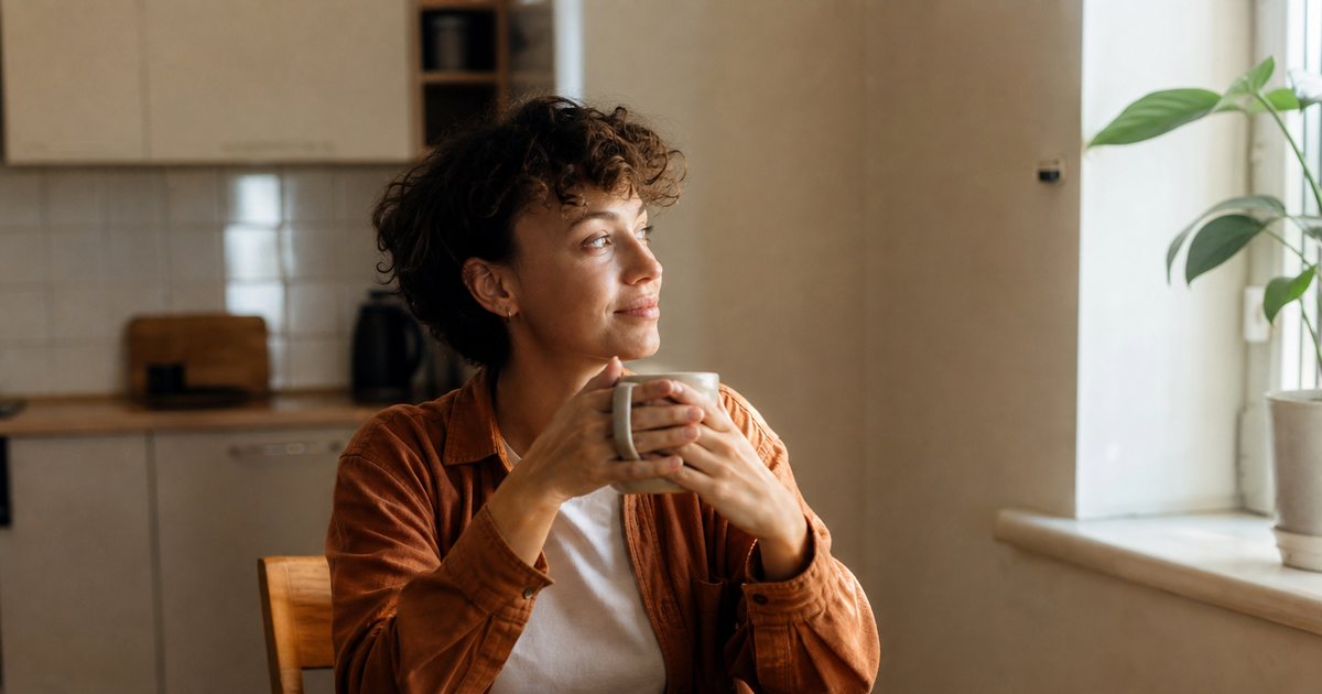 A freelance designer sitting at a wooden kitchen table in warm morning light, hands wrapped around a coffee mug, a closed notebook and a face down phone beside them, houseplant on the windowsill