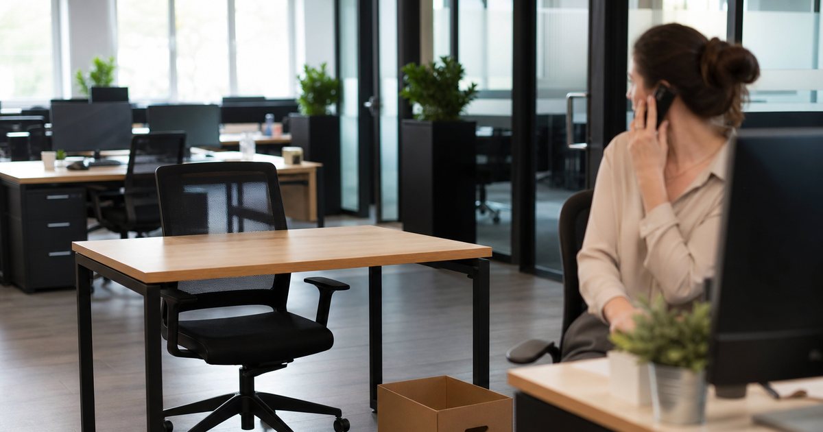 An empty office desk with a cleared surface, a single chair pushed in, a cardboard box on the floor, and a nearby coworker on the phone looking toward the empty desk, bright office