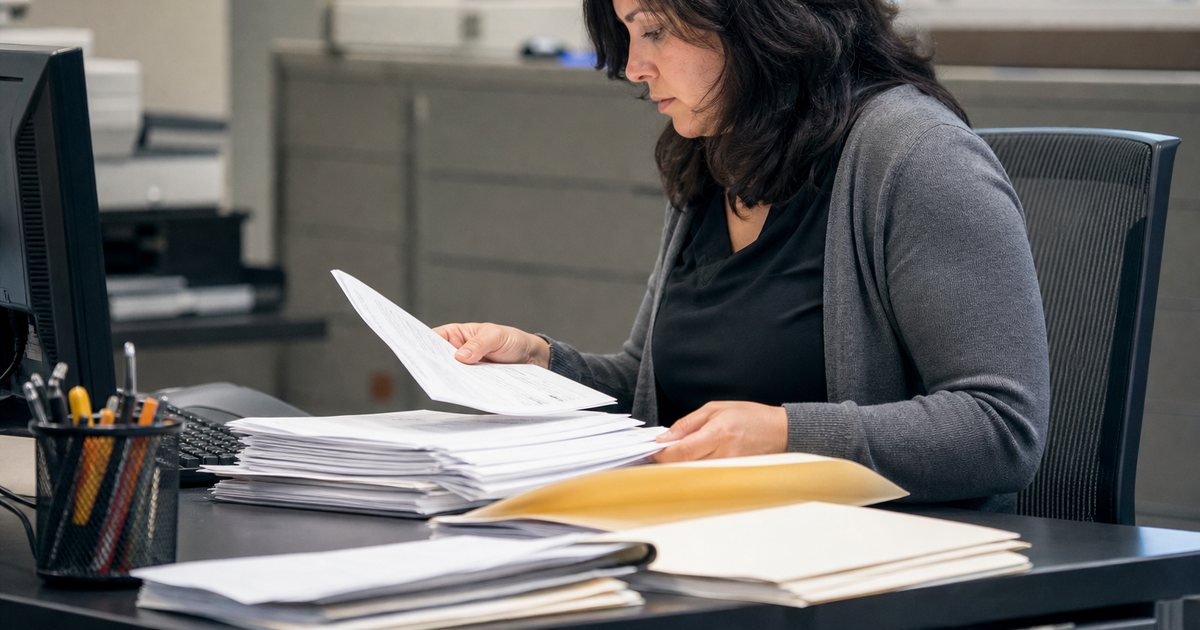 An accounts payable clerk at a corporate office desk reaching for one of several closed manila folders stacked in a wire tray, fluorescent office lighting, filing cabinets in the background