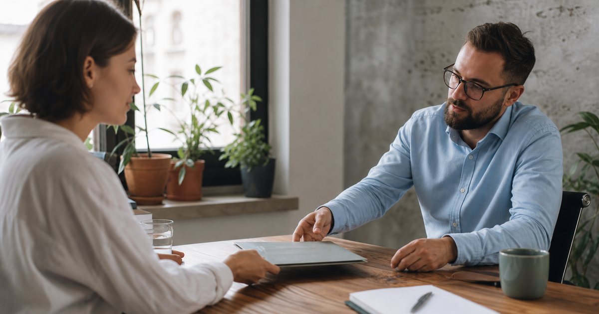 A small business owner and a freelance consultant seated across a wooden desk in a small office, one sliding a folder across the desk, plants on the windowsill, natural light