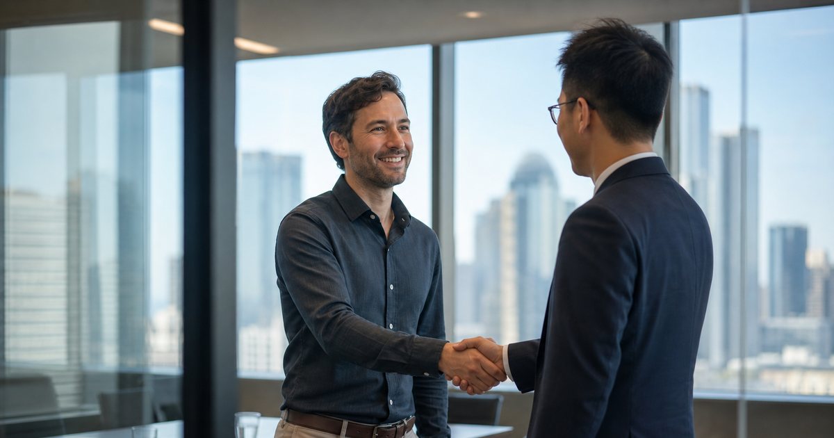 A freelance consultant in a glass-walled meeting room of a large corporate office, shaking hands with a manager in business attire, city view through the windows