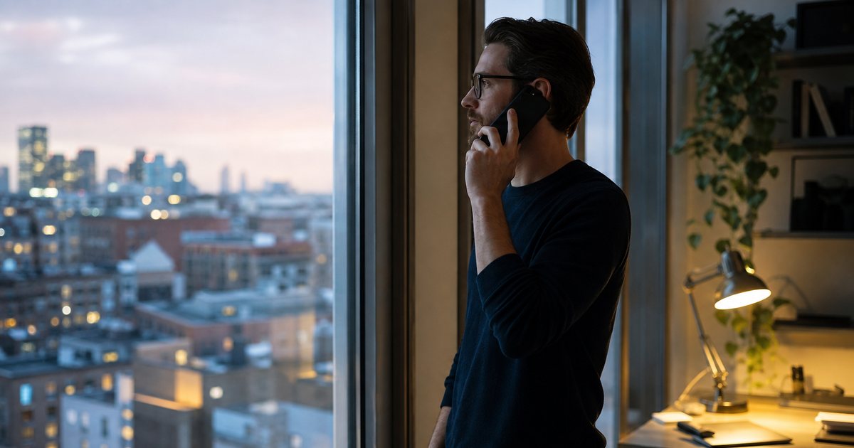 A freelancer standing at the window of a small home office at dusk, city rooftops outside, phone held to the ear, a warm desk lamp glowing on the desk behind them