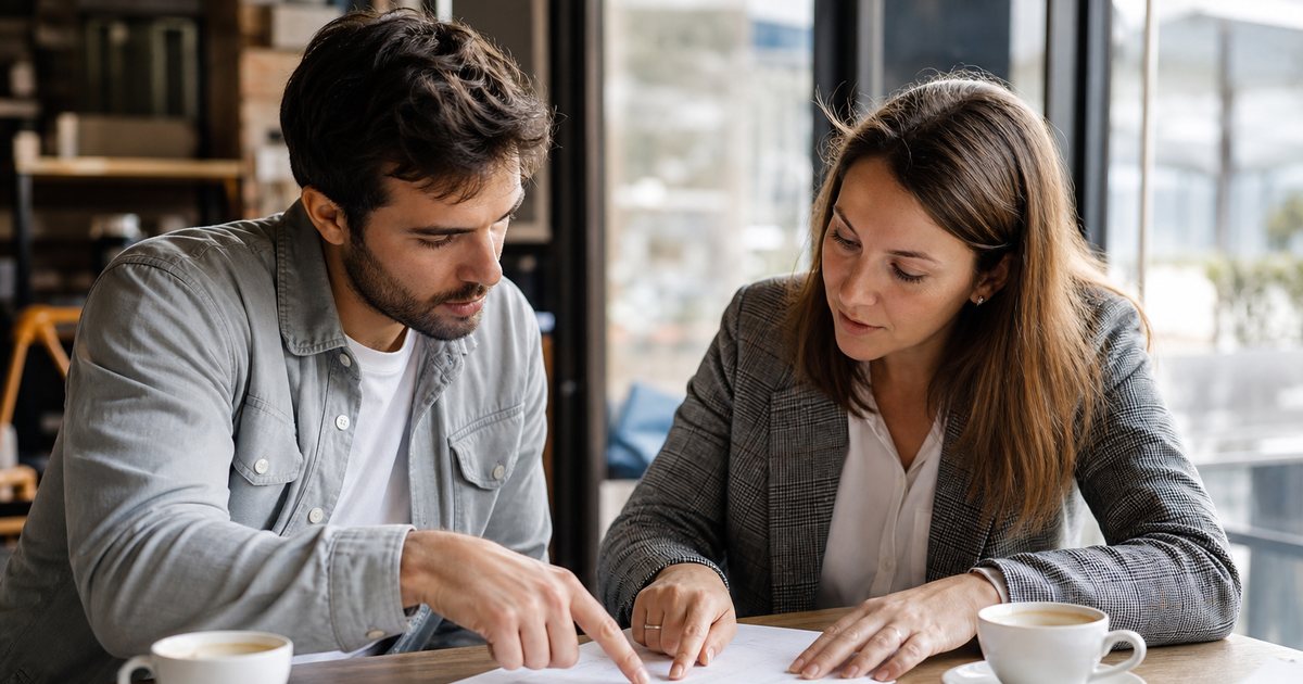A freelance web developer and a small business owner seated across from each other at a cafe table, one gesturing with an open hand while the other listens, calm discussion, coffee cups nearby