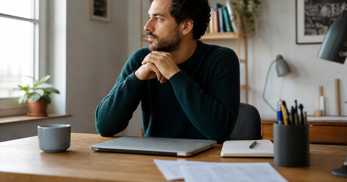 A freelance graphic designer sitting at a home office desk, hands folded, looking thoughtfully out a window, laptop closed, morning light, coffee mug and notebook nearby