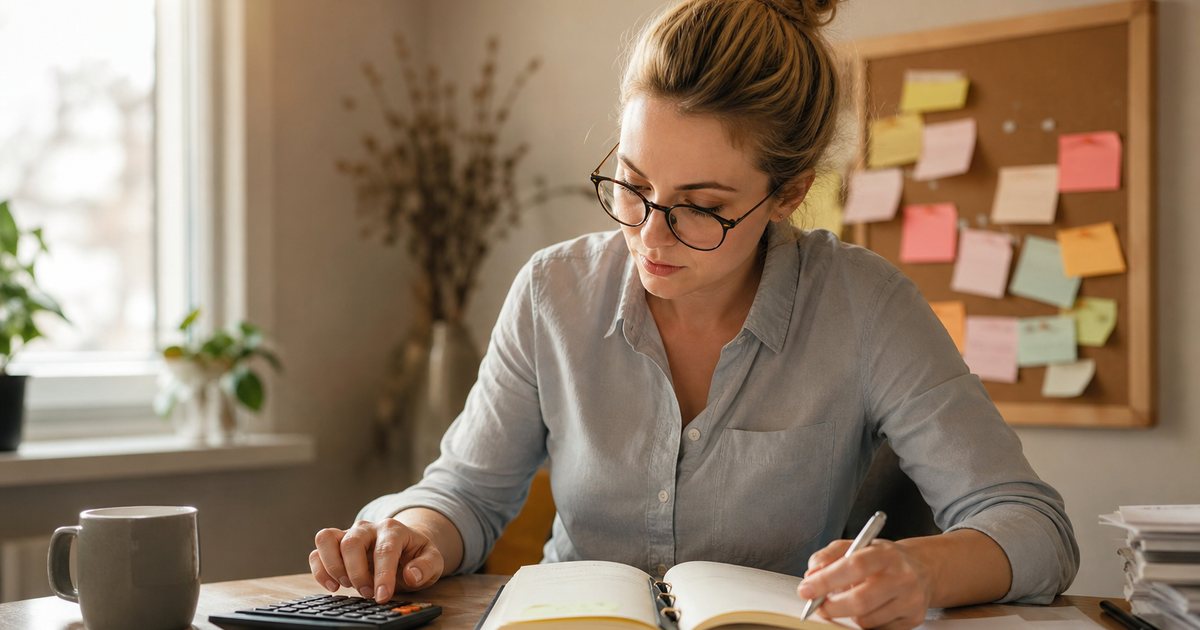 A freelance bookkeeper at a tidy desk with a closed planner in front of her, a bare corkboard on the wall behind her, a pen in hand and a cup of coffee nearby, warm afternoon light